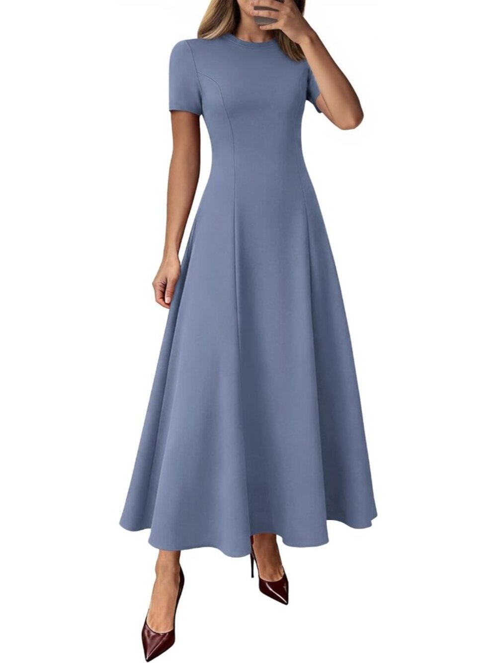 Women's Dusty Blue Crewneck Short Sleeve A Line High Waist Wedding Maxi Dresses